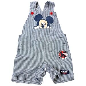 Disney Baby Overalls Shortalls Mickey Mouse Size 12M Navy Hickory Stripe Patches